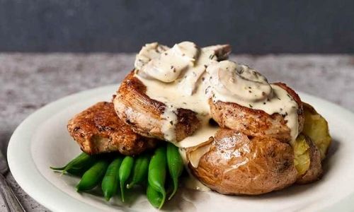 Pork Medallions With Baked Potatoes And Mushroom Sauce